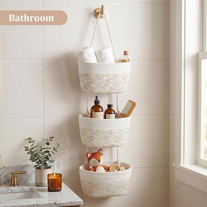 TeoKJ Over the Door Hanging Basket, 3-Tier Woven Cotton Wall-Mounted Storage - Image 7
