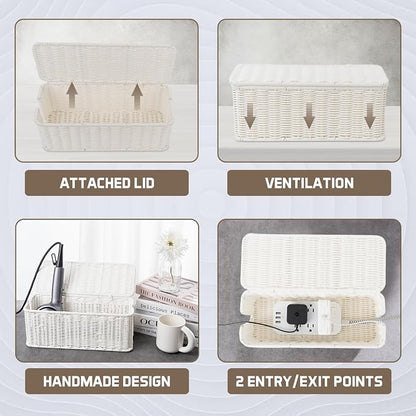 Cable Management Box, Handmade Rattan Cable Organizer, 2 Open Slots Cords Hider - Image 5