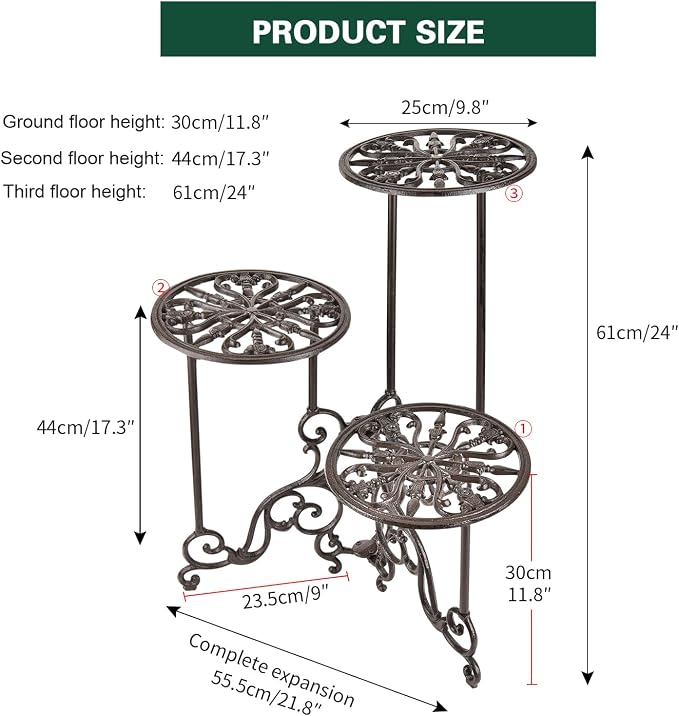 Sungmor Heavy Duty Cast Iron Plant stand, 3 Tier Foldable Metal Plant Shelf - Image 4