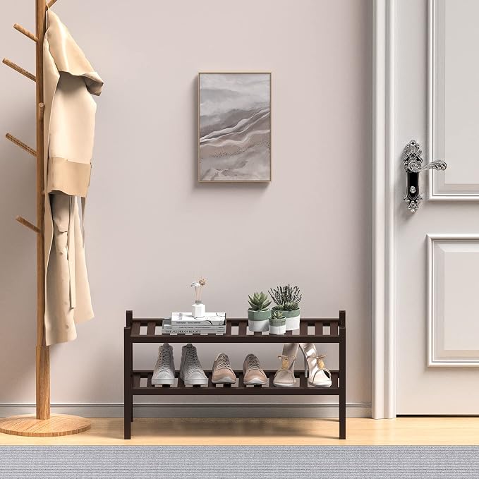 2 Tier Bamboo Shoe Rack for Closet Free Standing Wood Shoe Shelf for Entryway - Image 2