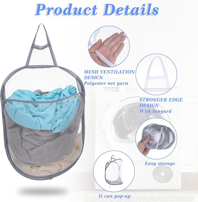 Ouligay 2Pcs Hanging Laundry Hamper Bag, Mesh Hanging Laundry Basket, Foldable - Image 4