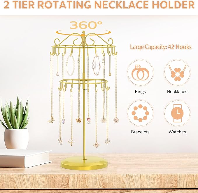 iDavosic.ly 2 Tier Rotating Necklace Holder Organizer - Image 4