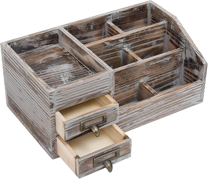 Liry Products Rustic Torched Wooden Desktop Organizer Dark Brown Tabletop - Image 3