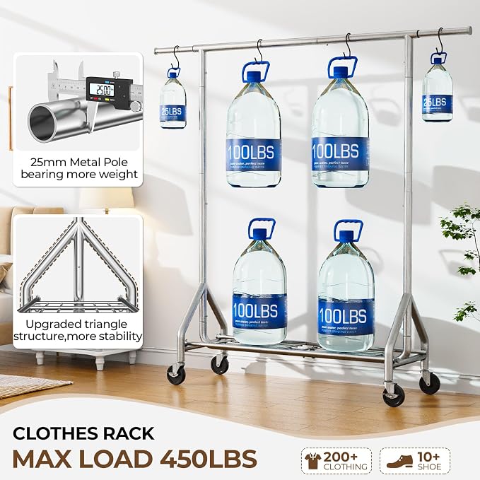 Heavy Duty Clothes Rack Load 450 LBS, Metal Garment Rack, Standing Rolling - Image 2