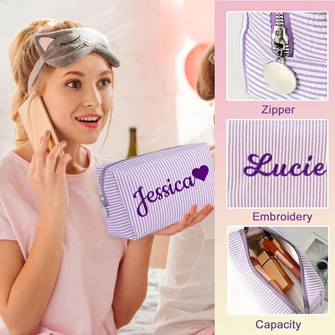 Personalized Seersucker Makeup Bag - Image 3