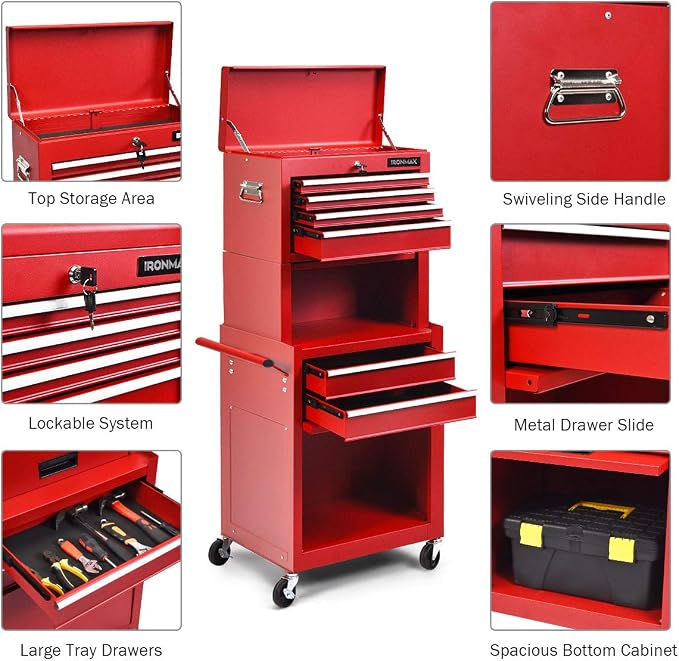 Goplus Tool Chest, 3-in-1 Rolling 6 Drawers Tool Cabinet - Image 9