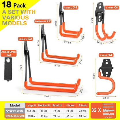 18 Pack Heavy Duty Garage Hooks, Utility Wall Mounted Storage System, - Image 3