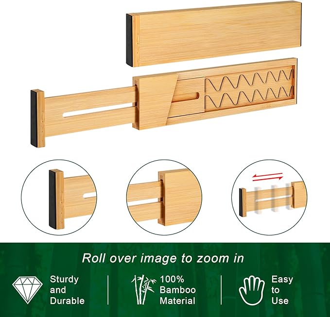 4 Pack Bamboo Drawer Dividers 2.6" High, Adjustable Length from 12 Inch to 17 - Image 2