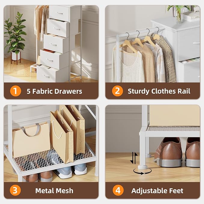 Somdot Dresser with Hanging Rack, 5 Drawers Small Closet - Image 7
