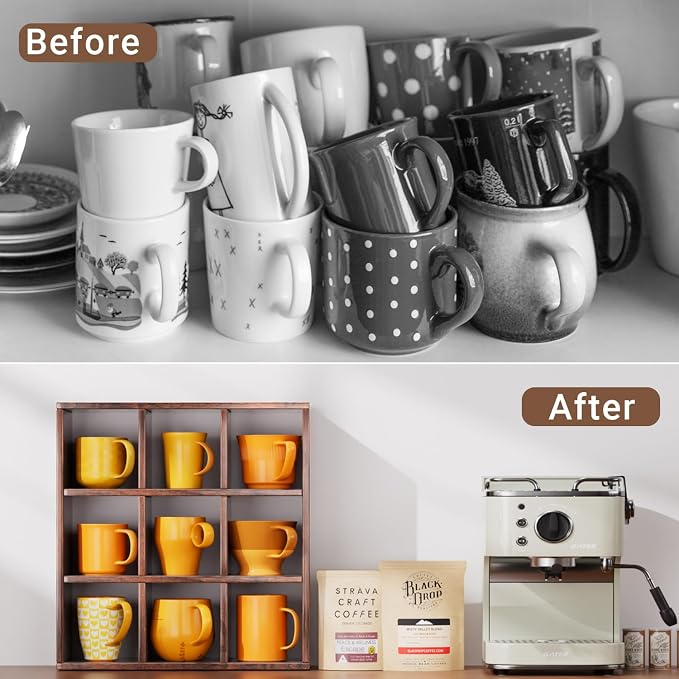 Helsin 9 Grid Vintage Coffee Mug Display Rack, 16inch Wall Mounted Wooden Curio - Image 6