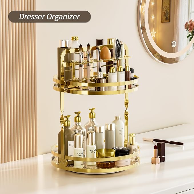 360° Rotating Makeup Organizer, 2-Tier Gold Perfume Organizer - Image 8