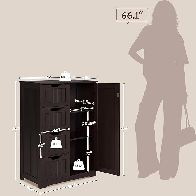 Yaheetech Wooden Bathroom Floor Cabinet, Side Storage Organizer Cabinet - Image 3