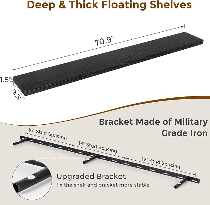 Fun Memories 72 Inch Floating Shelves Black, 72 x 9.3 Rustic Wooden Fireplace - Image 3