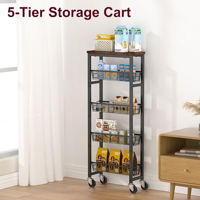 Slim Rolling Cart, 5-Tier Storage Cart, 9.1inch Narrow Kitchen Rolling Cart on - Image 6