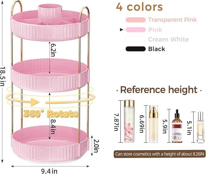 360° Rotating Makeup Organizer, Upgraded 3 Tier Skincare Perfume Organizers - Image 2