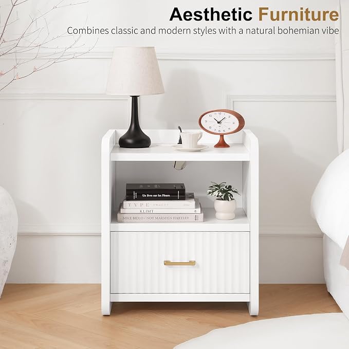Night Stand with Charger Station, Fluted Wood Nightstand with Drawer Storage - Image 8