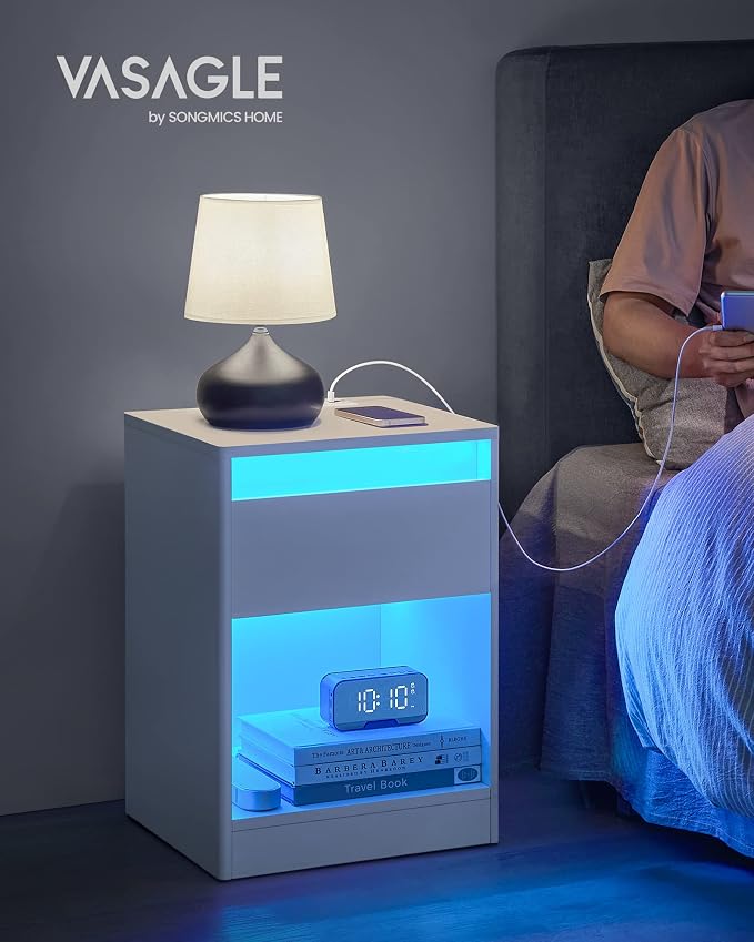VASAGLE LED Nightstand with Charging Station, Adjustable Light Colors, 2 AC - Image 4