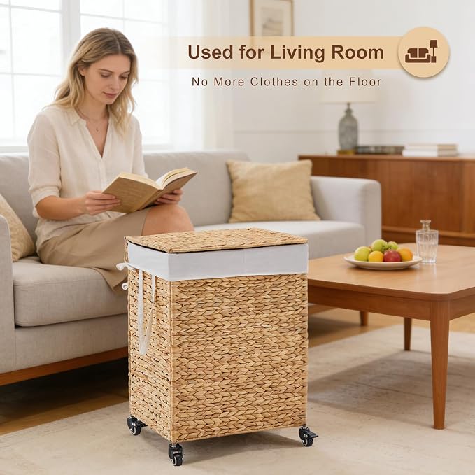 2-Section Laundry Hamper with Lid, Large Capacity Woven Natural Water Hyacinth - Image 6