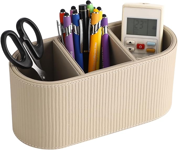 OMISTAR 3-Compartment PU Leather Pen Holder, Desk Organizer Stylish Bedside by OMISTAR