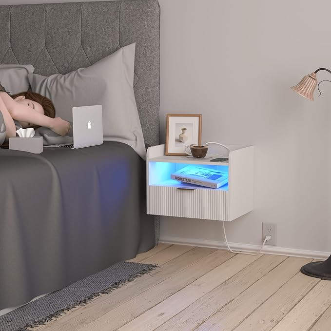 White Floating Nightstand with Charging Station and LED Lights - Image 6