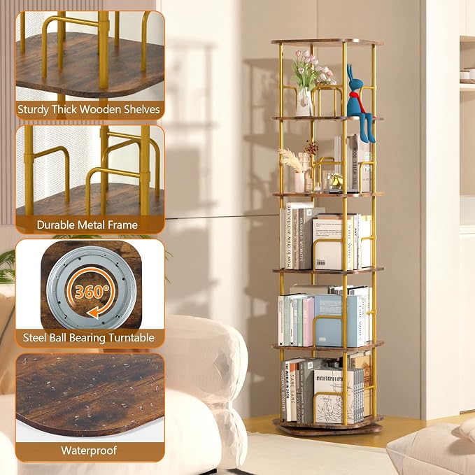 Lauxery 5 Tier Wooden Rotating Bookshelf, Metal Frame, 64 in Tall | 1000lbs - Image 5