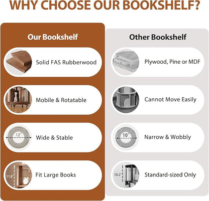 Solid Wood Rotating Bookshelf on Wheels, 6 Tier, Round Revolving Bookcase - Image 6