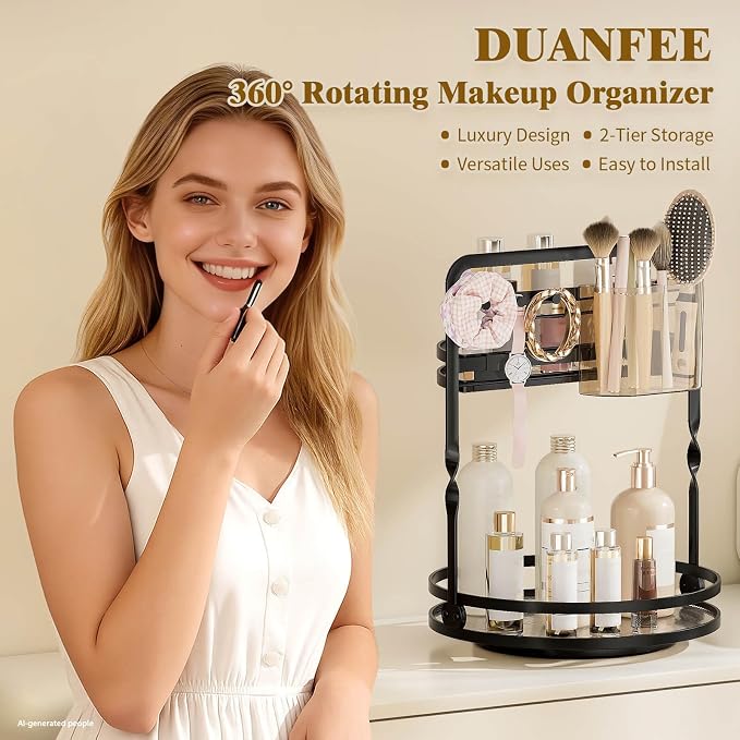 360 Rotating Makeup Organizer, 2-Tier Black Perfume Organizer - Image 2