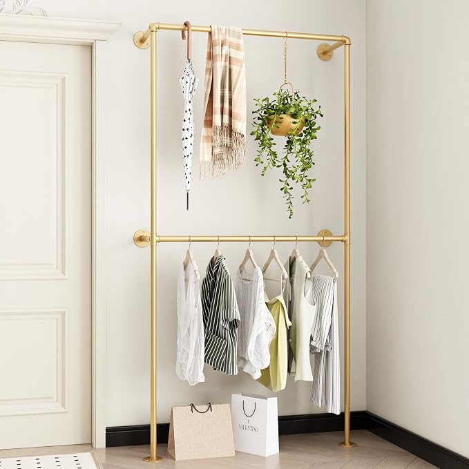Gold Clothing Racks Wall Mount Clothes Rack, Heavy Duty Industrial Pipe - Image 5