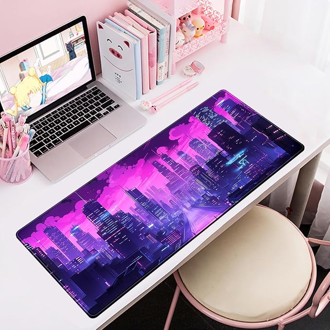 Desk Pad Cyberpunk Purple Desk Mat City Skyline Gaming Extended Mouse Pad Big - Image 6