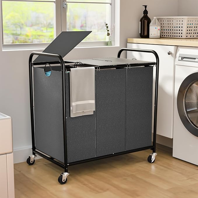 180L Laundry Sorter 3 Section, Rolling Laundry Basket by OLLDIDE