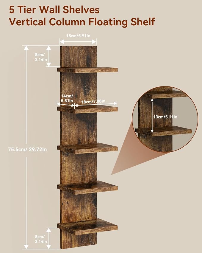 IBUYKE 5 Tier Wall Shelf Unit, Floating Storage Shelf Brown WBC009H-2 | - Image 3