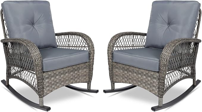 VIVIJASON 2 Piece Patio Wicker Rattan Rocker Chair, Outdoor Rattan Rocker Chair by VIVIJASON