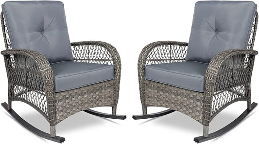 VIVIJASON 2 Piece Patio Wicker Rattan Rocker Chair, Outdoor Rattan Rocker Chair by VIVIJASON