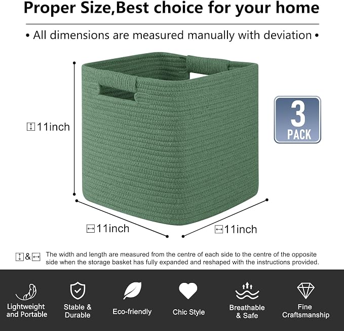 OIAHOMY Storage Cubes 11 Inch Storage Bins-3 Pack, Cotton Rope Woven Baskets - Image 3