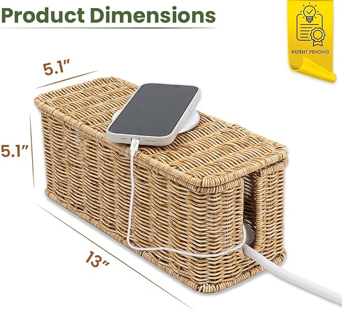 Cable Management Box, Handmade Rattan Cable Organizer, 2 Open Slots Cords Hider - Image 2