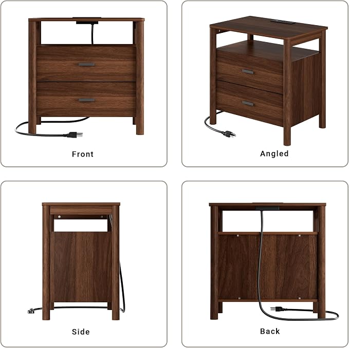 Night Stand Set of 2 with Charging Station, 2 Drawers End Table with Open Shelf - Image 7