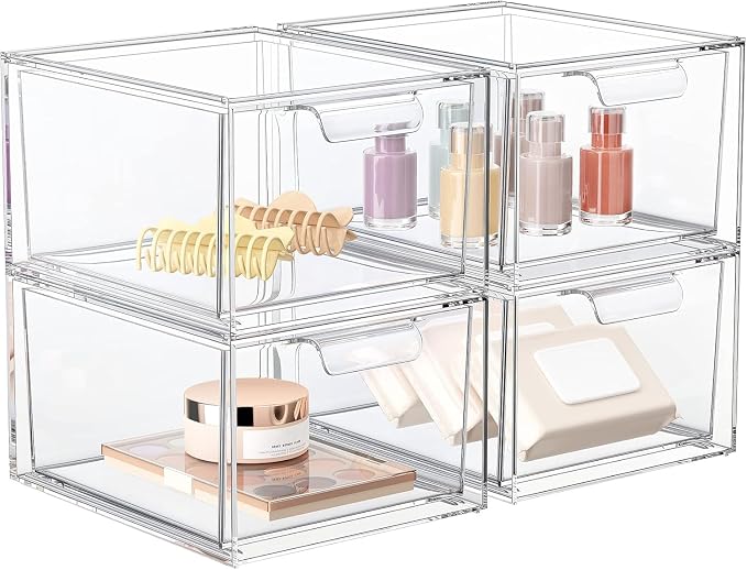 4 Pack Stackable Acrylic Makeup Organizer, Jewelry and Home Storage by SpaceHacks