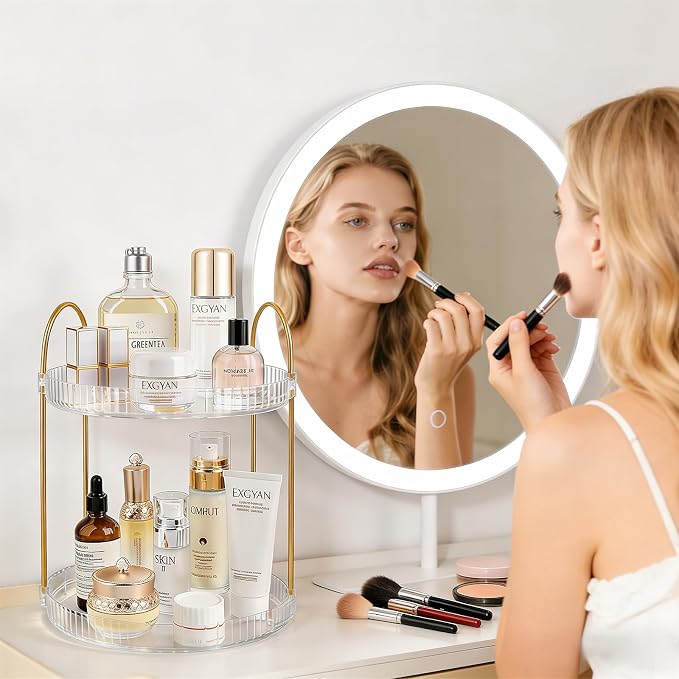 360° Rotating Makeup Organizer 2 Tier Large Capacity Perfume Skincare Tray - Image 3