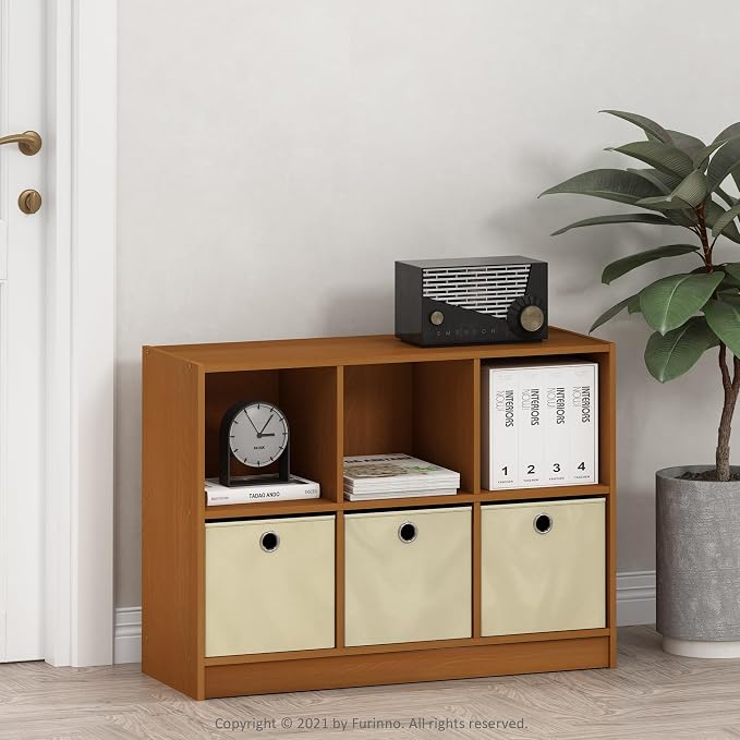 Furinno Basic 3x2 Bookcase Storage w/Bins, Light Cherry/Ivory - Image 2