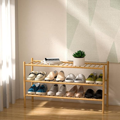 3-Tier Bamboo Long Shoe Rack, Free Standing Wood Shoe Shelf Storage Organizer - Image 2