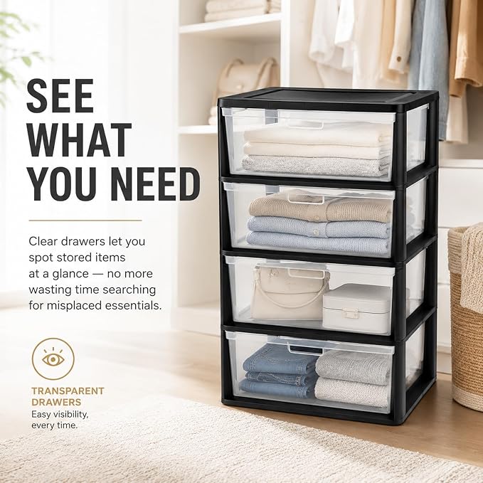 Wide 4 Drawer Plastic Storage Tower Organizer, | Tool-Free Assembly Floor - Image 6