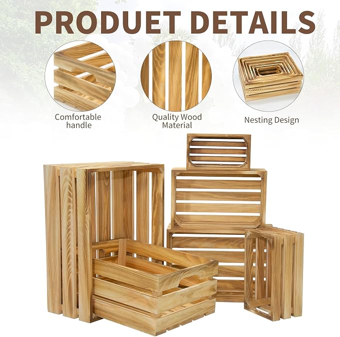 6 Pcs Wooden Crates for Display, Nesting Wood Crate for Storage, 6 Size | - Image 3