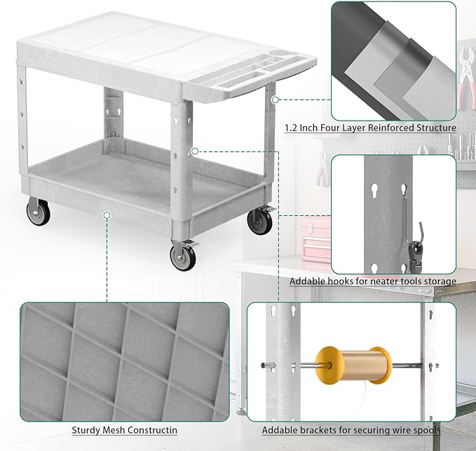 Heavy Duty Utility Rolling Tool Cart, 1000 lbs Capacity Flat Top Plastic - Image 3