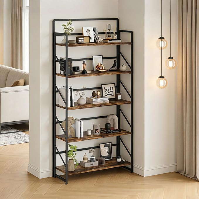 JSB Folding Bookshelf, Industrial Storage Shelves, No Assembly Vintage Wood - Image 7