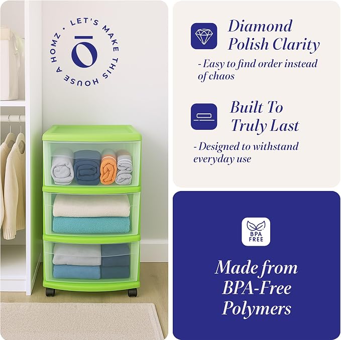 Homz 3 Drawer Plastic Storage and Organizer Cart, Rolling Cabinet - Image 4