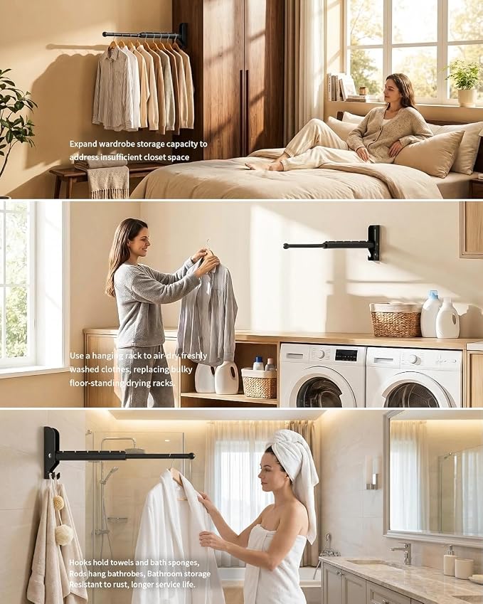 BaiNong Pull Out Wall Mounted Clothes Drying Rack Black 13" Foldable 2 Pack | - Image 5