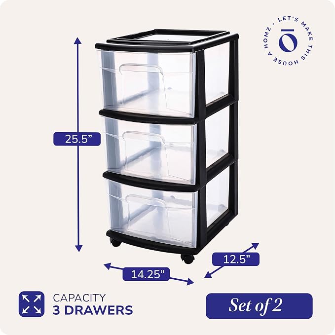 HOMZ Drawer Tower 3-Tier Storage Cart, Removable Wheels, 2 Pack | Plastic - Image 3