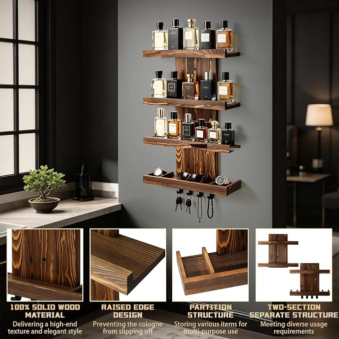 Cologne Organizer for Men, Wall-Mounted Perfume Storage Display Shelf | Wooden - Image 3
