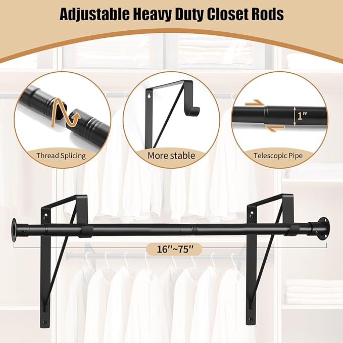 Closet Rod, 16 to 75 Inch Heavy Duty Adjustable Clothes Rod - Image 5