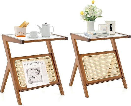 GOFLAME Rattan Side Table Set of 2, Z-Shaped End Table by GOFLAME